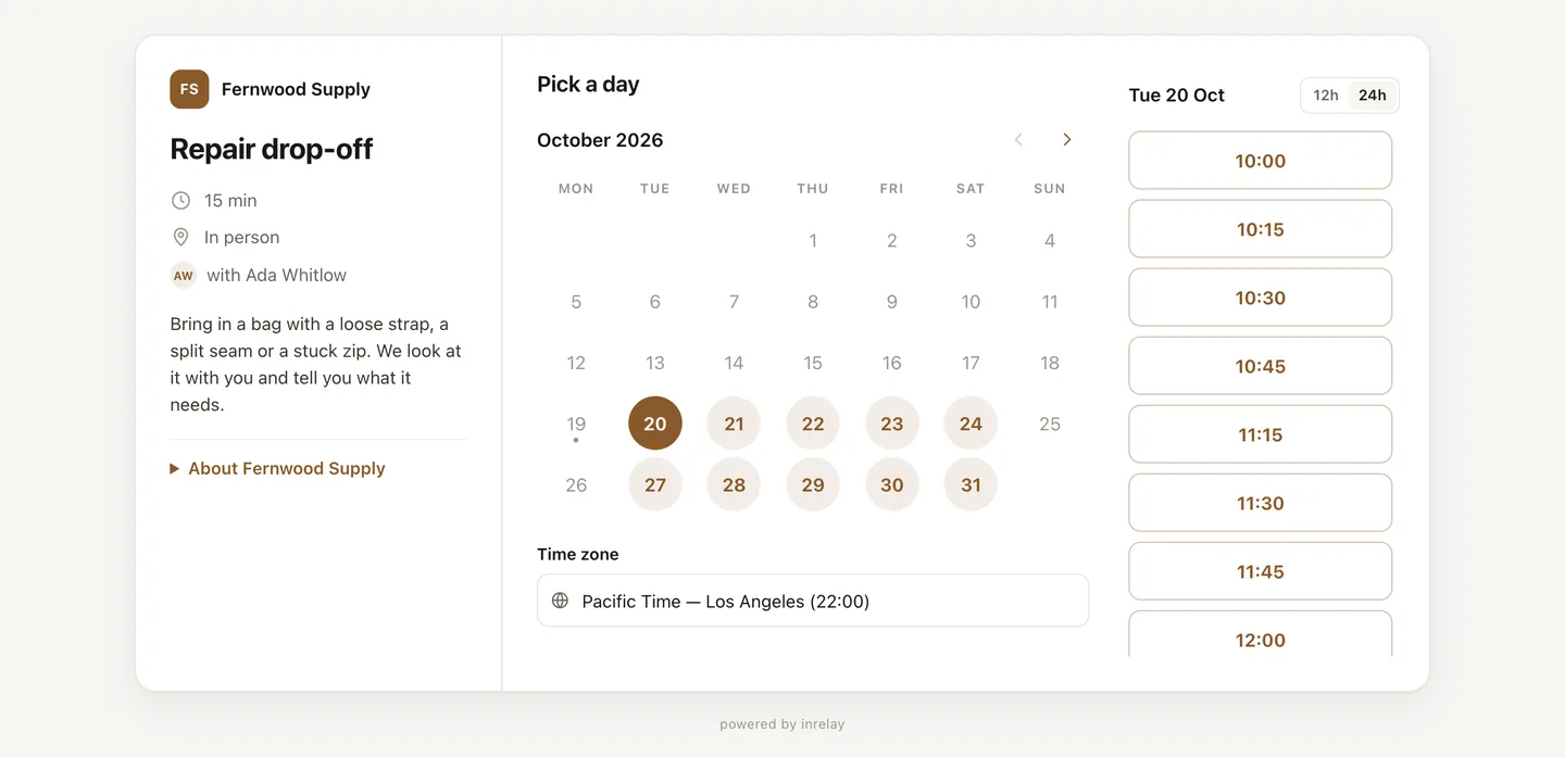 A booking page made with inrelay: a repair drop-off, the days it is open and the free times.
