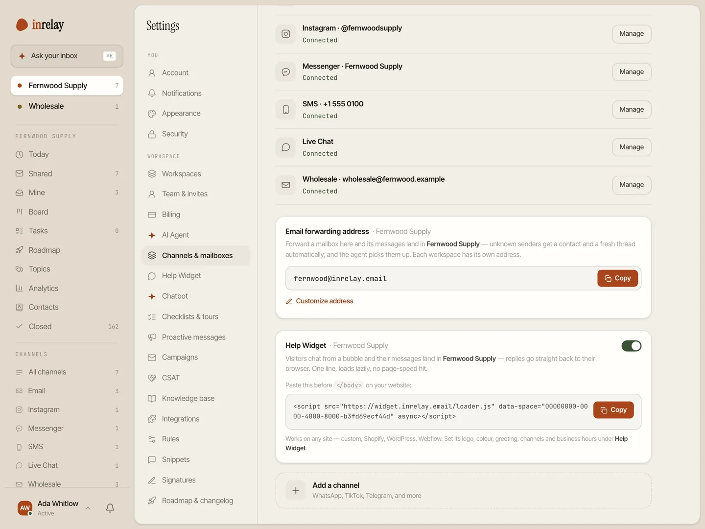 The widget embed snippet in Channels & mailboxes settings