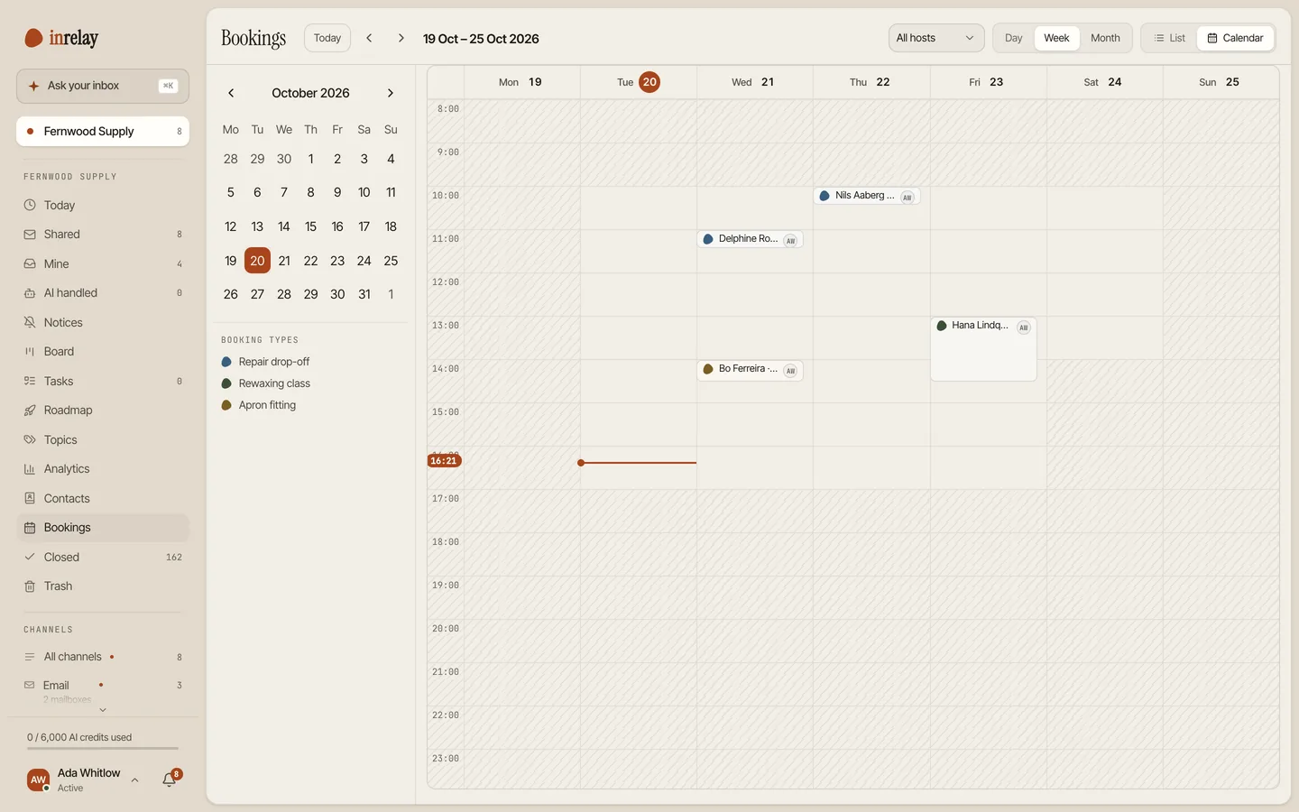 The Bookings page in the inrelay desktop app: a week calendar with four customer bookings and the booking types beside it.