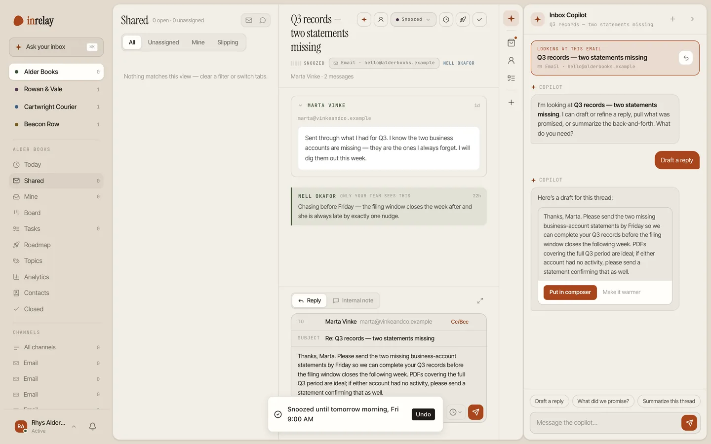 A client conversation about missing documents, snoozed out of the inbox until it is due, with the snoozed badge magnified in a detail panel