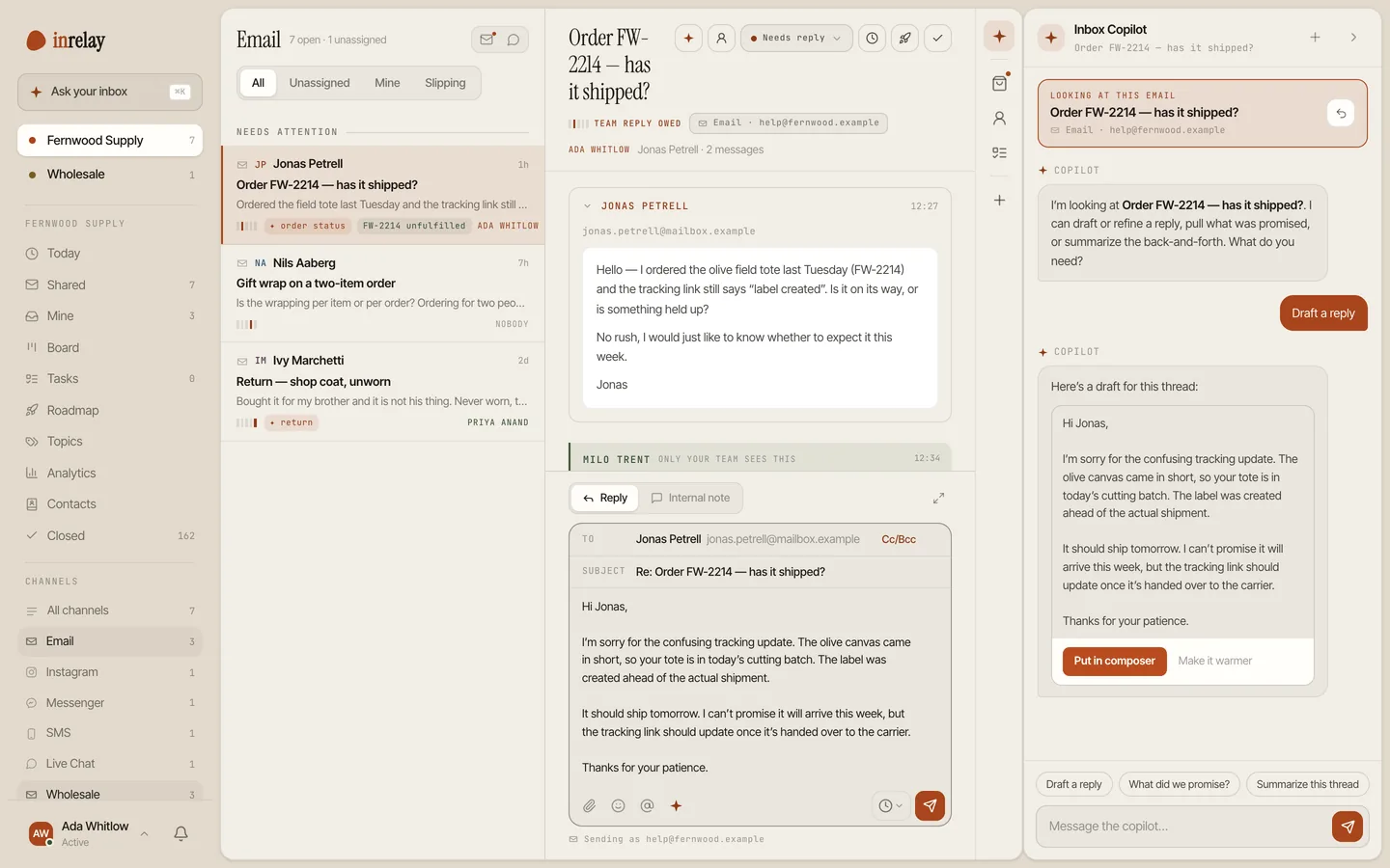 One email conversation in the shared inbox: an owner, an internal note only the team sees, and the reply box open