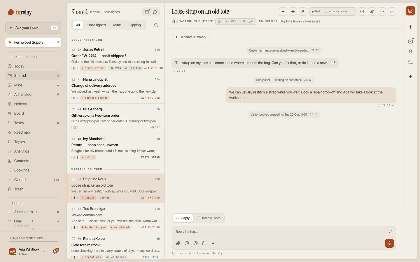 The inrelay shared inbox: chat, email, SMS and Instagram in one list, with a chat that ended in a booking.
