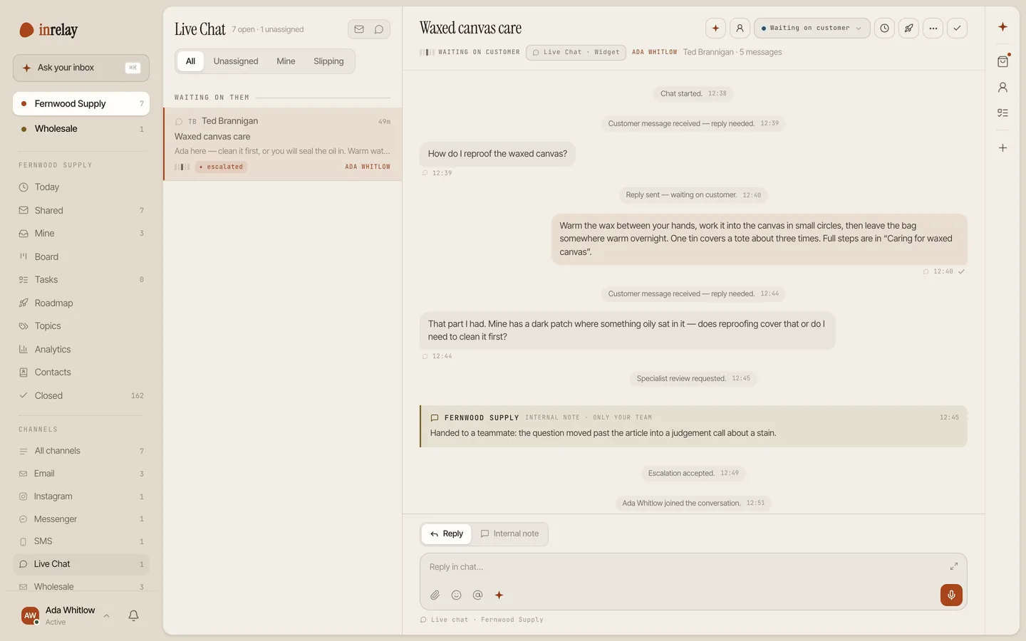 A live chat in the shared inbox, with an owner, an internal note and the reply box open