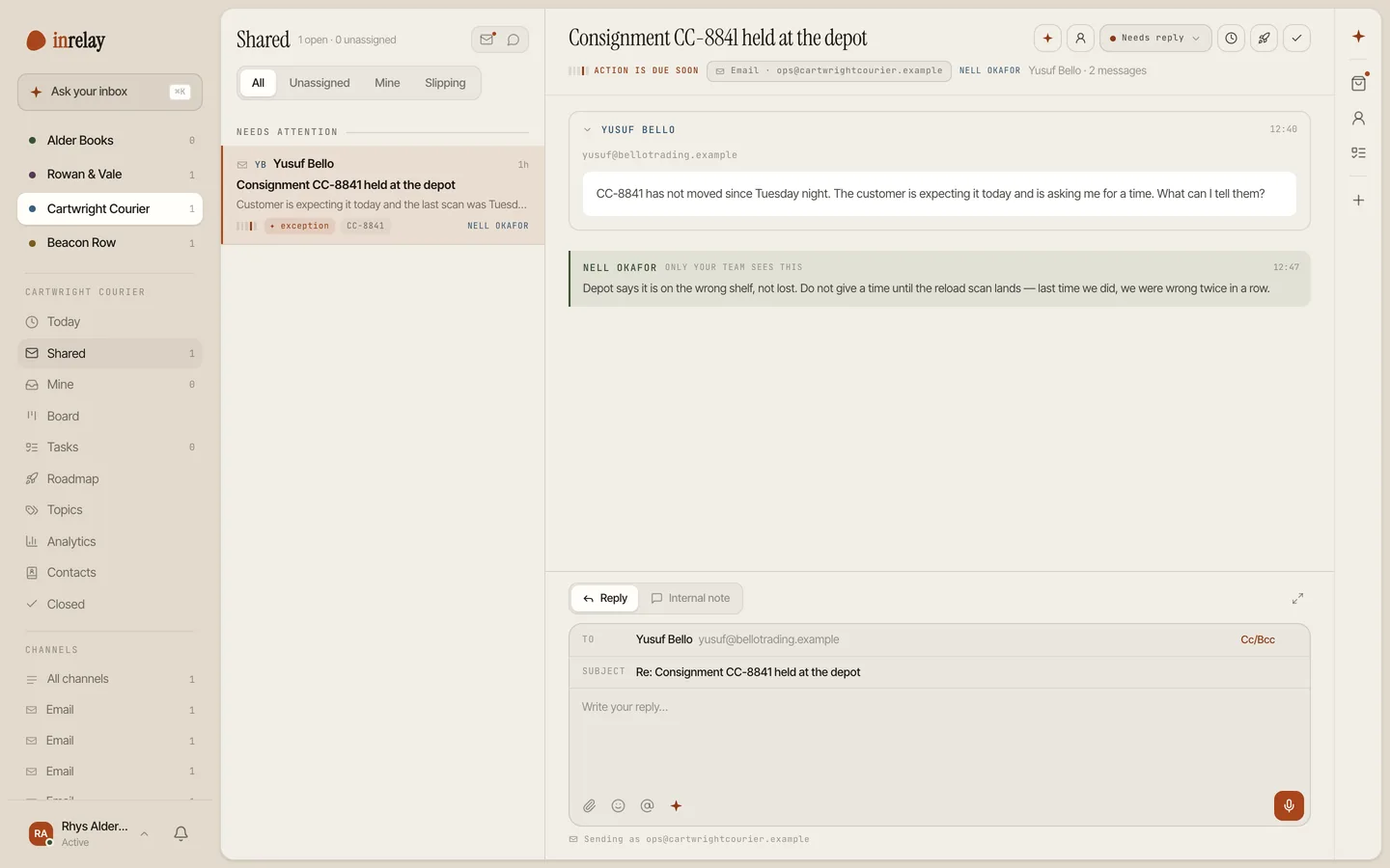 An exception thread tagged urgent with an owner and internal note