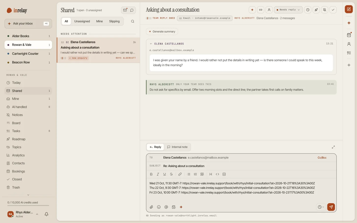 An email reply in the inrelay inbox to a customer asking to talk this week, with three proposed timeslots inserted, each linking to the booking page.