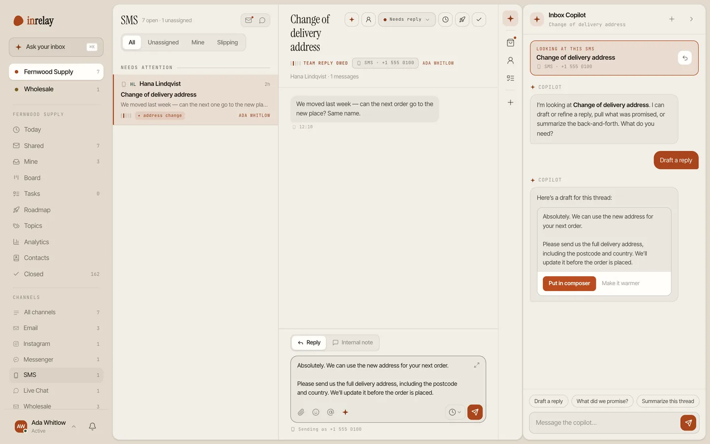 A text-message conversation in the shared inbox, alongside email and chat