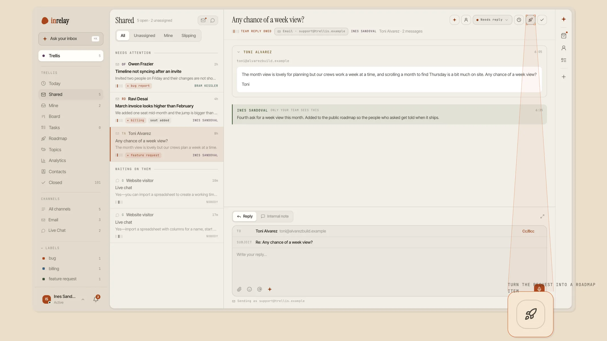 A feature request open in the shared inbox, with the Add to roadmap action magnified in a detail panel