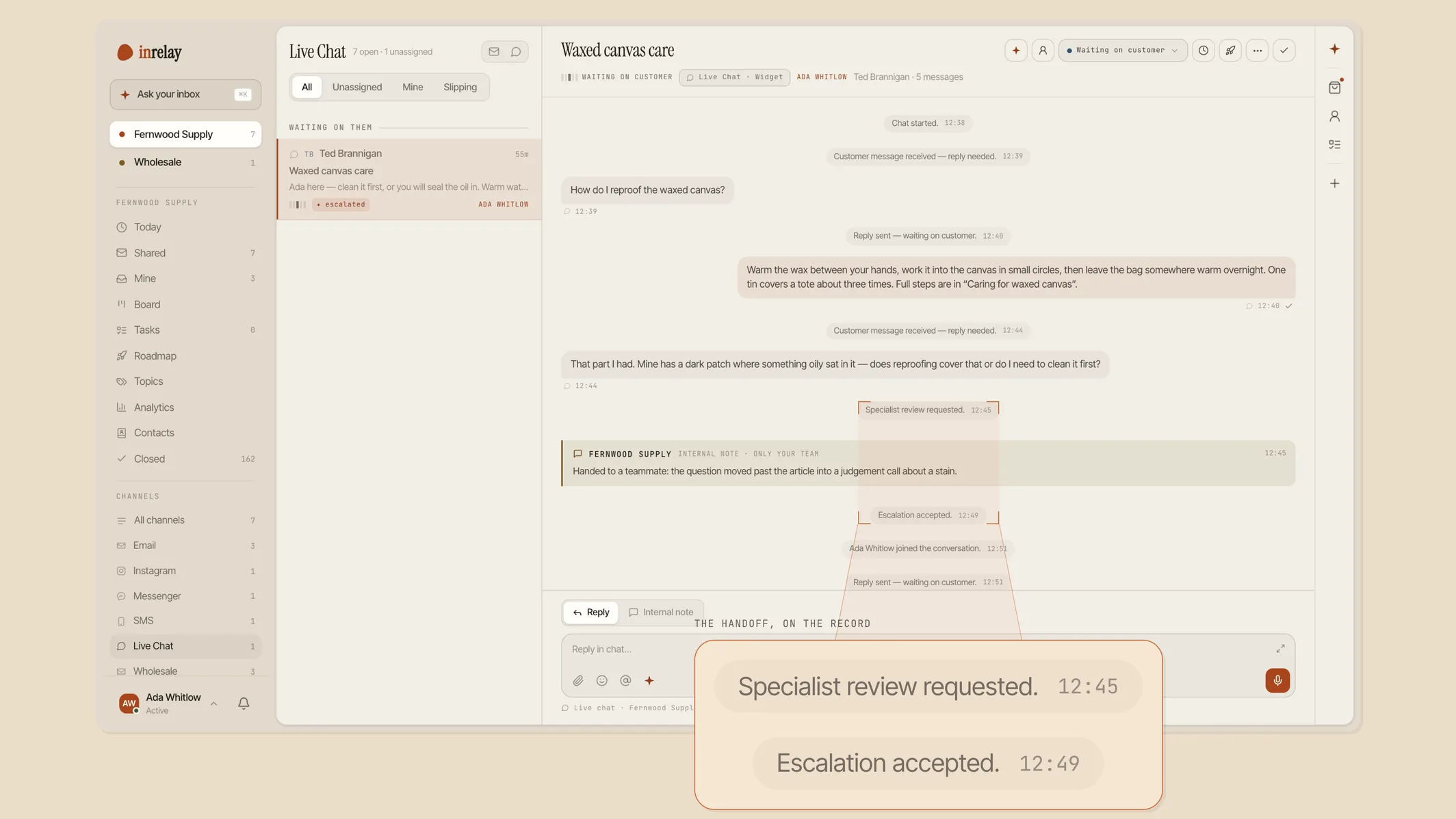 A recorded handoff on the internal timeline