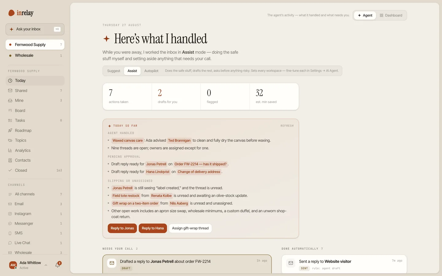 The morning brief after a product drop, with intent-tagged conversations and waiting drafts