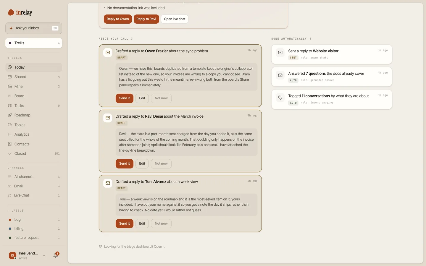 The approval queue with AI drafts awaiting one-click send