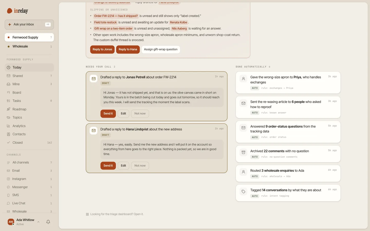 The inrelay approval queue with drafts awaiting review