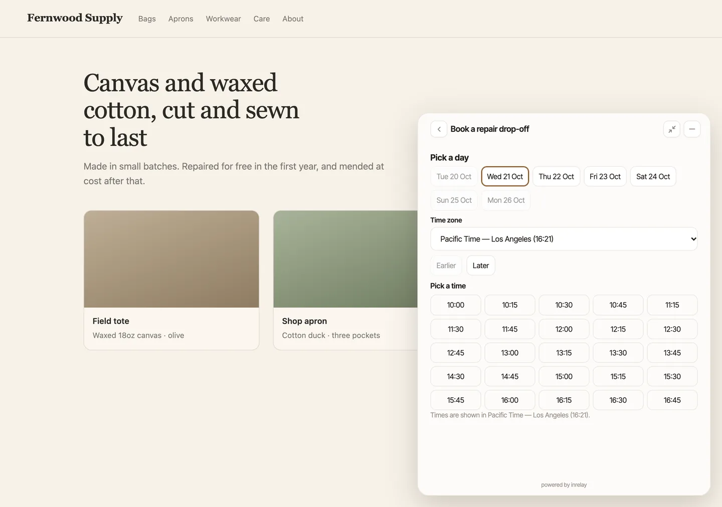 The inrelay chat widget on a shop&rsquo;s site, booking a repair drop-off: the next seven days and the free times for the chosen day.