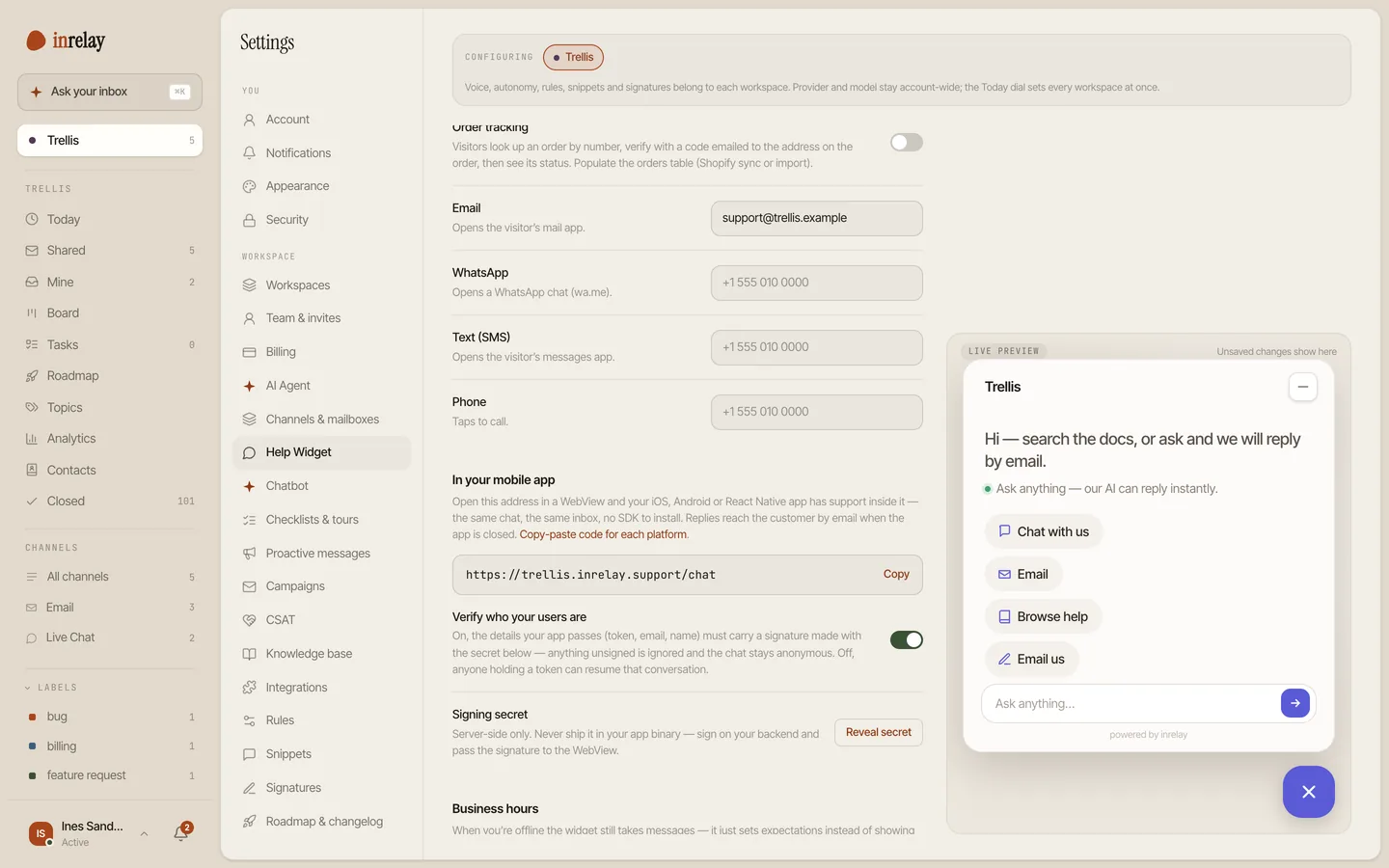 The In your mobile app settings block with the verification toggle